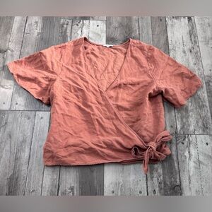 Vetta Top Wrap Linen Blend Capsule Clay Minimalist Shirt Flutter Sleeve Large